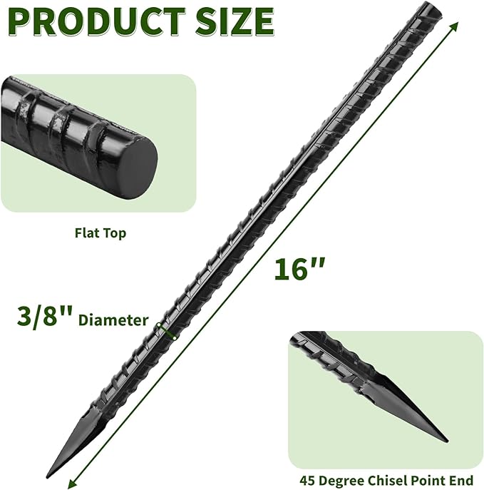 Besitu 16 inches Ground Rebar Stakes (16 pcs) Heavy Duty Metal Spikes for Concrete Timber Garden Plant, Long Straight Steel Stakes for Tent, 3/8" Thickness Ground Anchors with Chisel Point End, Black