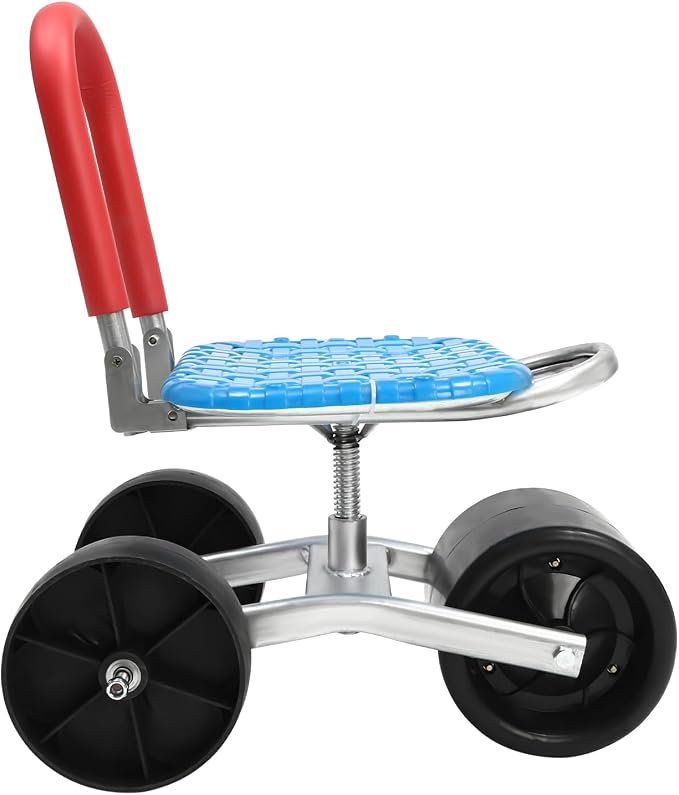 Garden cart, rolling garden work seat with wheels, gardening stool for planting, 360-degree swivel seat, garden scooter with steering handle and tool tray, garden chair for outdoors, patio and yard