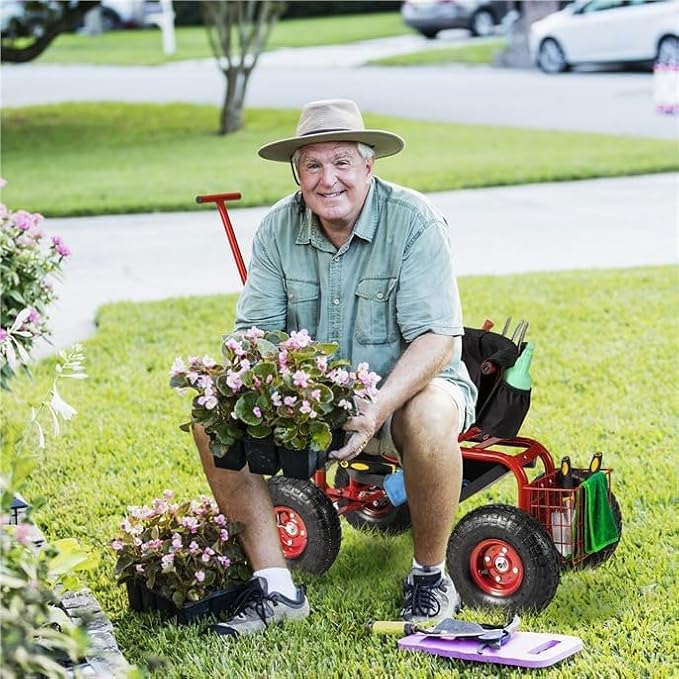 ERGOMASTER Garden Seat with Wheels, Outdoor Gardening Wagon Scooter, 2 Steering Handles, 360° Swivel Workseat & Tool Storage, Use for Patio, Yard, Lawn, Red
