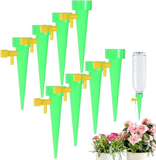 M METERXITY 8-Pack Self Watering Spikes for Plants, 4.3 Inch Plastic Plant Watering Devices with 8 Regulators for Indoor/Outdoor Pots, Garden Water Planter System [Green]