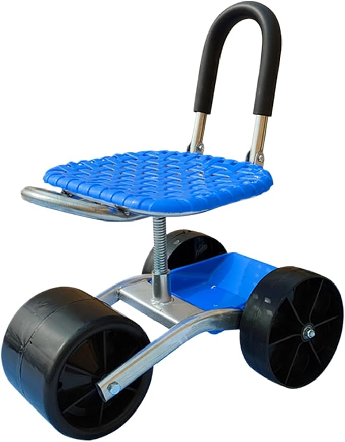 Garden Seat with Wheels, 360° Swivel Height Adjustable Rolling Garden Stool, Heavy Duty Gardening Seat with Foldable Backrest and Storage Basket, Garden Scooter for Yard and Patio Work