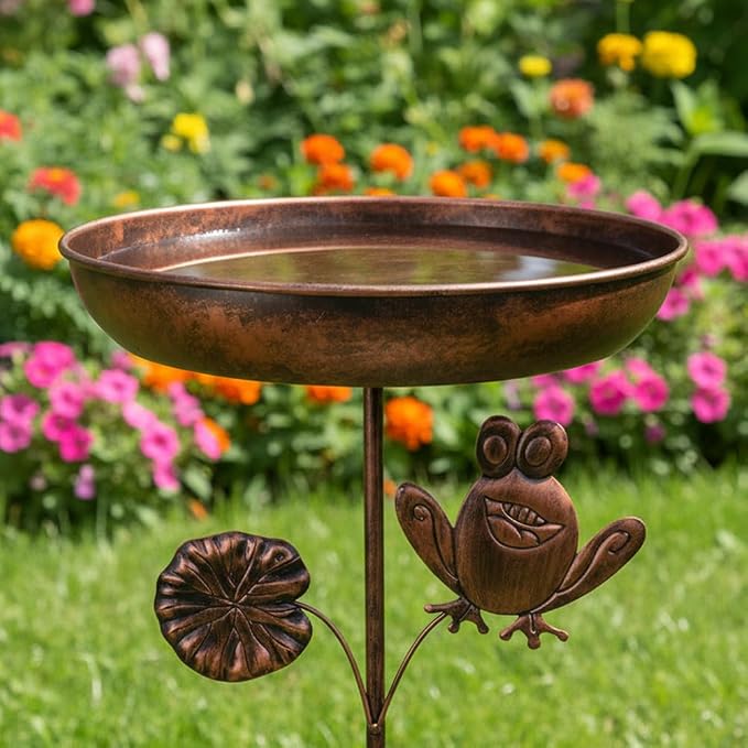 dreamysoul Bird Baths for Outside, 12 Inches Dia Bird Bath Feeder Bowl with Frog Decor, Freestanding Metal Birdbath for Outdoors Garden Patio Yard Lawn