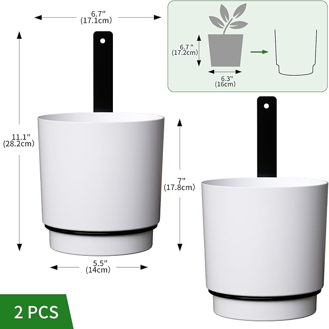 2 Pcs Wall Mounted Hanging Planter Vase for Indoor Outdoor Plants,Modern Metal Wall and Ceiling Hanging Flower Pot with Removable Flower Pot,Minimalist Decor for Herbs Succulents Flowers,6.7Inch,White