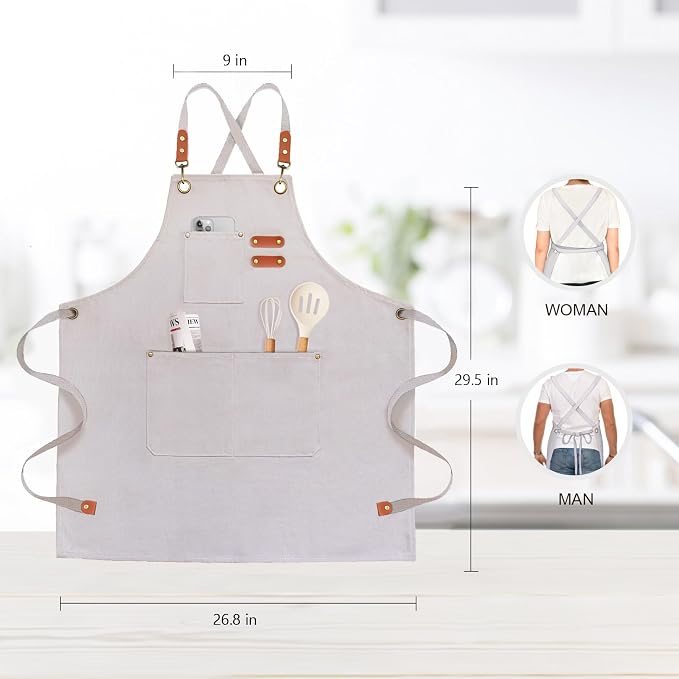 OUNLEN Chef Apron for Men Women Canvas Aprons with 3 Pockets Cross Back Resistant Work Apron for Cooking