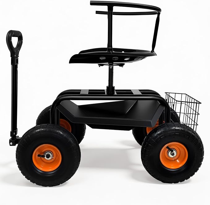 Garden Seat with Wheels, 400lbs Rolling Garden Stool, with Height Adjustable & 360° Swivel Seat, Tool Tray & Storage Basket, Outdoor Gardening Scooter, Garden Cart Workseat for Yard, Patio