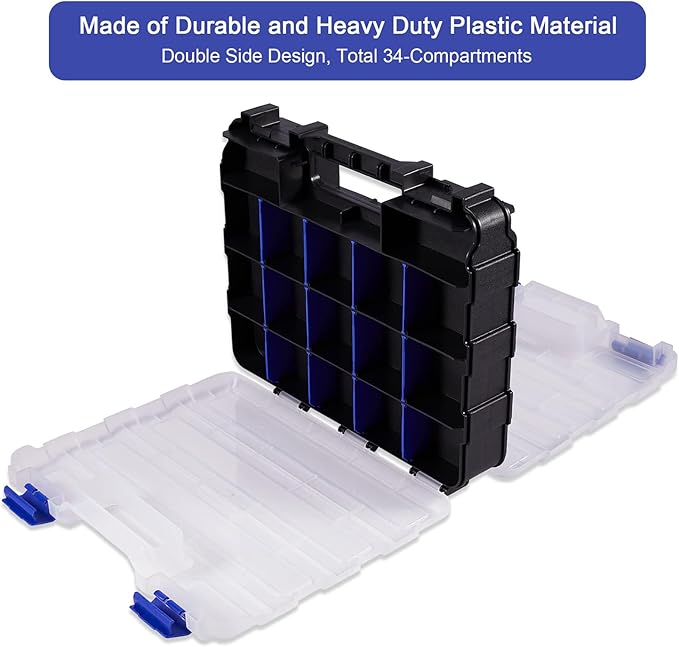 AIDY-PRO Small Parts Organizer Box Storage Case Tools Box Organizer Double Side 34 Compartments Hardware Organizers with Removable Plastic Dividers for Screws Nuts Nails Bolts, 2 Pack