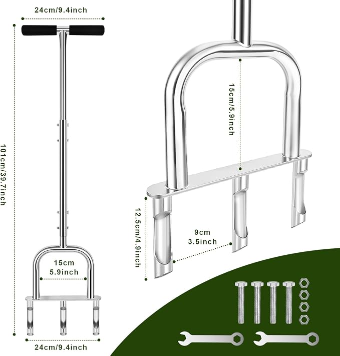 Manual Core Lawn Aerator, Metal Aerator Lawn Tool with 3 Replaceable Hollow Tine - Semi-Assembled Yard Aeration Tool for Lawn Care, Lawn Aeration, Garden Tool, Revives Lawn Health
