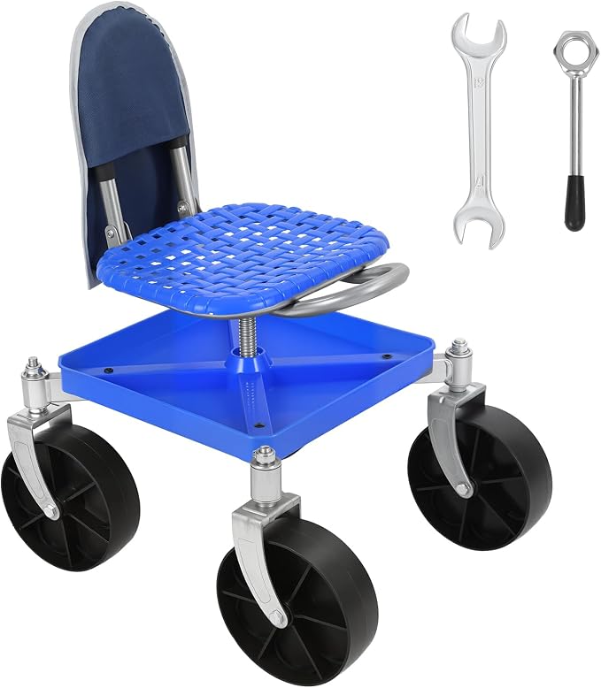 Cuteam Rolling Gardening Seat, Height Adjustable Garden Work Seat with Wheels, Heavy Duty Garden Tool Cart with Storage Tray for Seniors Yard Patio Work, 330 Lbs Capacity (Blue)