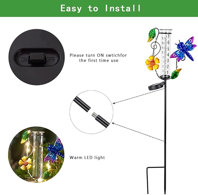 Rain Gauge Outdoor, Solar Rain Gauges for Yard, Dragonfly Freeze Proof Rain Gauge with 7" Plastic Tube, Metal Decorative Water Gauge with Led Light