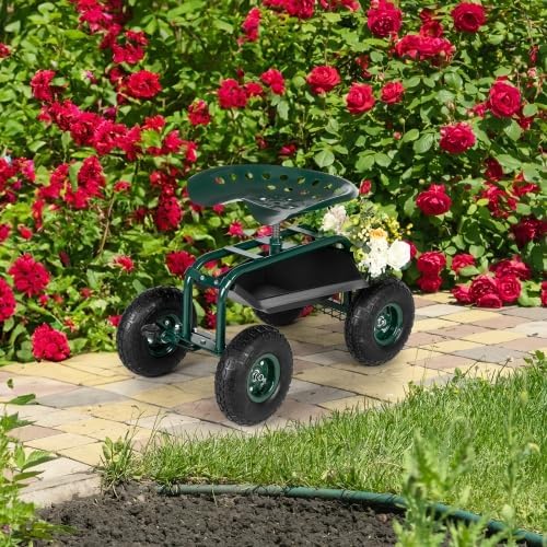 VINGLI Garden Cart with Rolling Seat, Wheels, Steering Handle & Utility Tool Tray, Planting Wagon Scooter, Gardening Tool for Senior, for Patio, Backyard, Lawn & Outdoor (Dark Green)