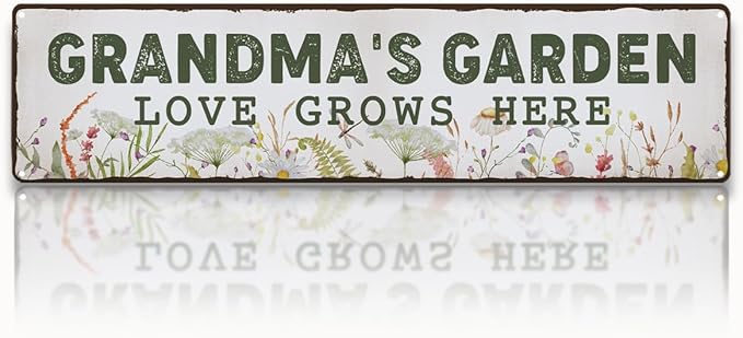 Garden Metal Tin Sign, Grandma’s Garden Love Grows Here Sign, Vintage Floral Farmhouse Outdoor Wall Decor, for Porch Patio Fence, Gift for Grandma Gardens Decor, 15.7 x 3.9 Inches