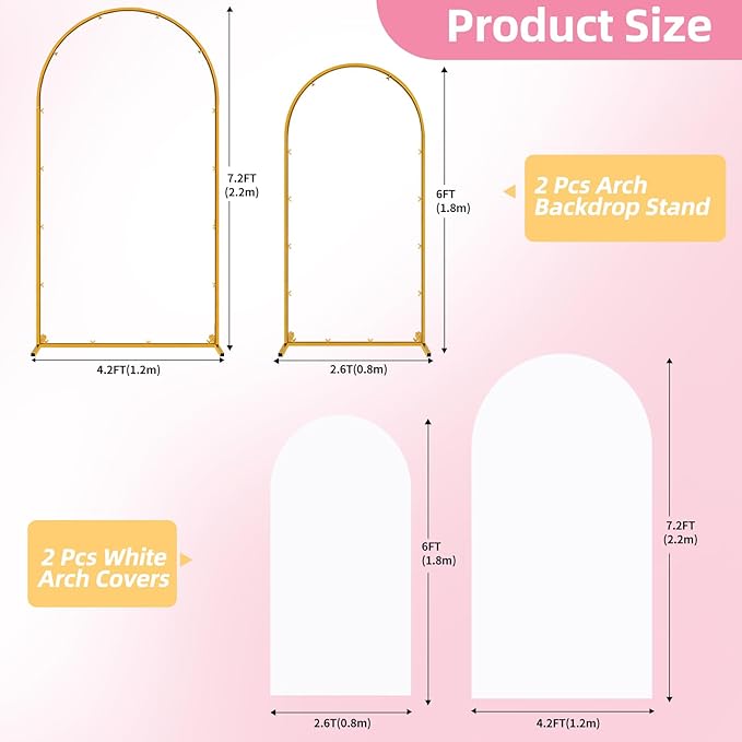 Arch Backdrop Stand and Cover Set of 2 Wedding Metal Arch Stand with Arch Cover White 7.2FT, 6FT for Wedding Party Bridal Baby Shower Birthday Ceremony Event Decor