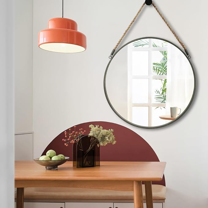 POZINO Round Hanging Mirror with Rope, 24 Inch Grey Metal Frame Circle Wall Mirror, Farmhouse Decorative Mirror for Entryway, Living Room, Fireplace, Bedroom, Bathroom