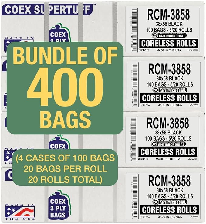 Aluf Plastics 55-60 Gallon Trash Bags - (400 Count) 1.25 MIL (Equiv) Low Density Plastic Garbage Bags - 38" x 58" for Home, Kitchen, Office, Commercial