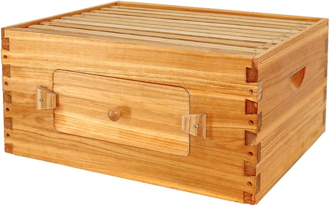 BeeCastle 10 Frame Deep Bee Hive Box, Langstroth Beehive Boxes Dipped in 100% Natural Beeswax with Window, Beehive Frames and Beeswaxed Foundations (Unassembled)