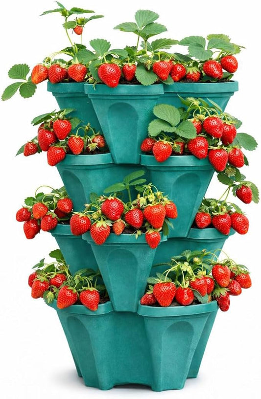 Strawberry Planter Tower, 4 Tier Stackable Vertical Planter, 16 Plant Sites, Space Saving Garden Planter, Indoor Outdoor, Made in USA (Mineral Teal, Small)