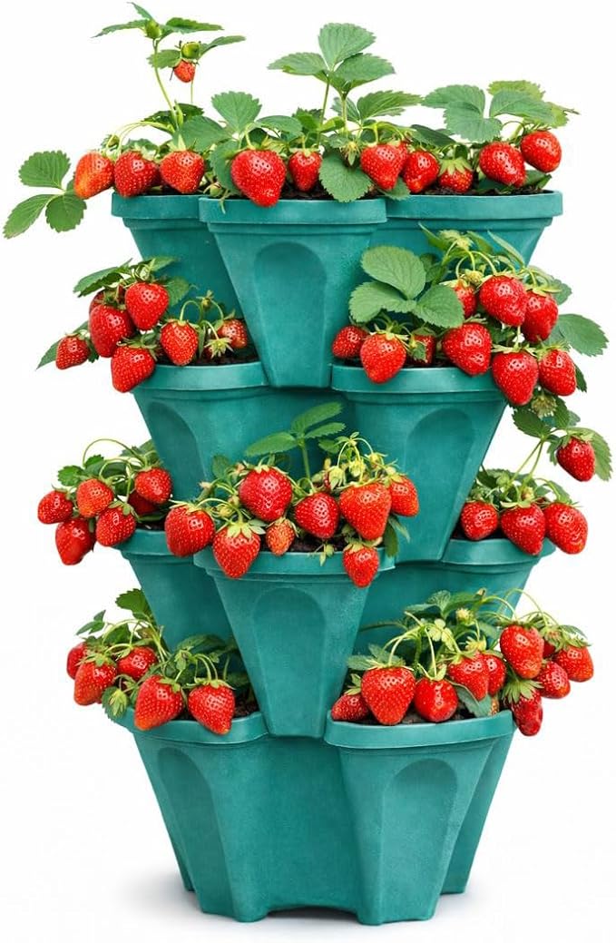 Large Vertical Planter Tower, 4 Tier Stackable Garden Planter, 16 Plant Sites, Heavy Duty Strawberry Planter, Vertical Growing System with Center Hole, Made in USA (Mineral Teal, Large)