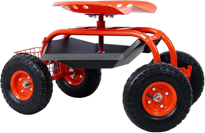 Rolling Garden Cart, 360 Swivel Gardening Seat with Wheels, Tool Basket, Adjustable Height, Outdoor Garden Workseat, Gardening Stool Scooter for Sitting (Red)