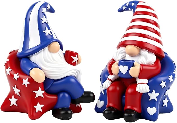 4th of July Gnome Decorations 2 PCS Resin Patriotic Figurines Indoor Collectible Gifts Cute Holiday Decor for Table Home