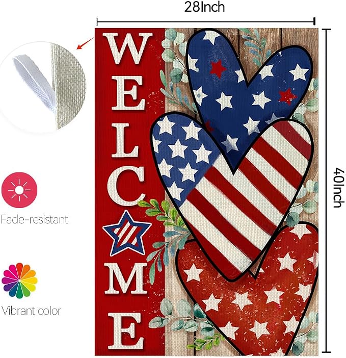 CROWNED BEAUTY 4th of July Patriotic Welcome House Flag 28x40 Inch Double Sided USA Hearts Blue Red Memorial Day Independence Day Outside Yard Party Decoration CF473-40