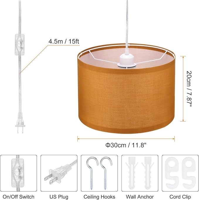 PATIKIL Plug in Pendant Light, 15Ft Rope Cord Hanging Lamp Fixture Dark Orange