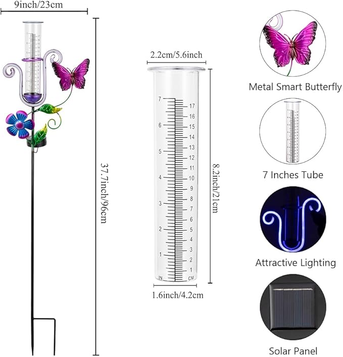 Stargarden Rain Gauge Outdoor, Solar Powered Rain Gauge, 7" Tube Butterfly Rain Measure Tool with Metal Stake, Decorative Rain Measure Gauge for Yard, Lawn, Garden