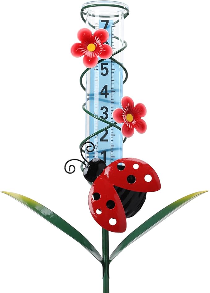 WONDER GARDEN Rain Gauge Outdoor, Decorative Ladybug Rain Gauges Outdoors Best Rated, Freeze Proof Glass Water Rain Measure Gauge with Flower for Yard Patio Lawn Decor