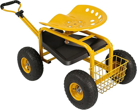 Rolling Garden Cart - Outdoor Workseat with Wheels, Heavy Duty Garden Tool Cart with Storage Bracket and Tool Tray for Yard, Planting Gardening Work (Yellow)