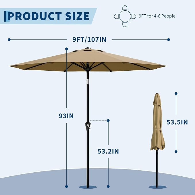 GarveeLife 9FT Umbrella Outdoor Patio, Table Umbrella with Push Button Tilt and Crank, 8 Sturdy Ribs Waterproof UV Protection for Garden, Pool, Backyard, Deck, Market