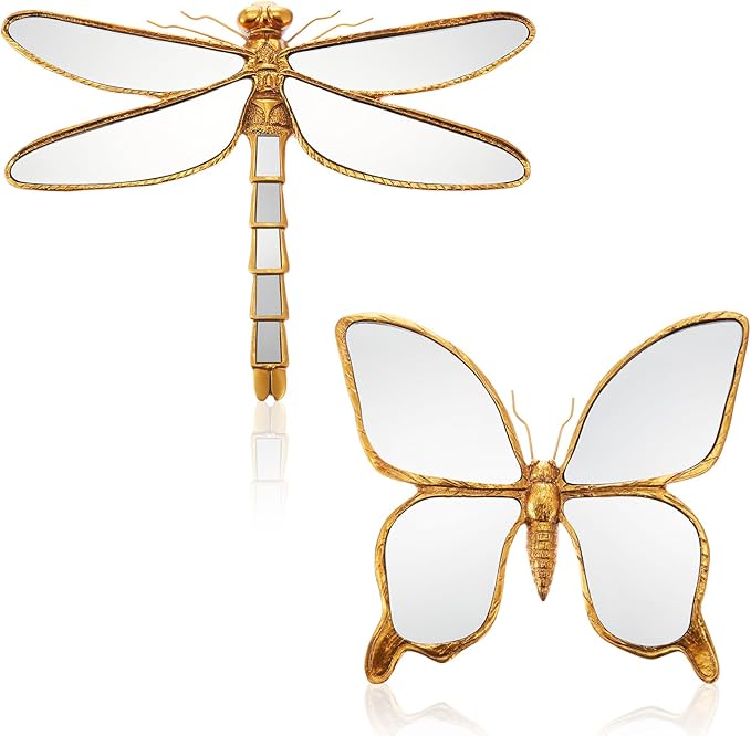 Sliner 2 Pcs Dragonfly & Butterfly Mirror Wall Decor Gold Resin Aesthetic Insect Wall Art, Vintage Decorative Glass Mirrors for Home Nursery Garden, Elegant Nature Gift for Summer Wedding