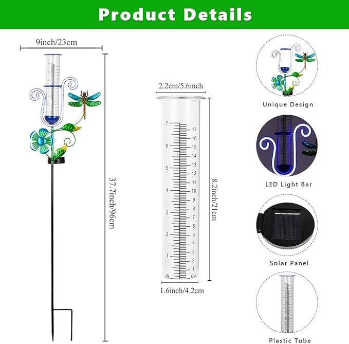 Dragonfly Rain Gauge Outdoor, Solar Rain Gauge with Led Neon Lights, Freeze Proof Rain Gauges for Patio, Garden Yard, Measuring Precipitation