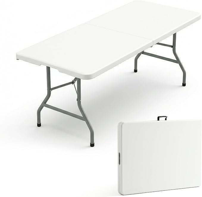 8 Foot Foldable Table with Built in Handle & Steel Legs, 8FT Portable Heavy Duty Plastic Folding Tables for Parties, Dining, Wedding, Events, Picnic, Indoor & Outdoor, Camping, Utility