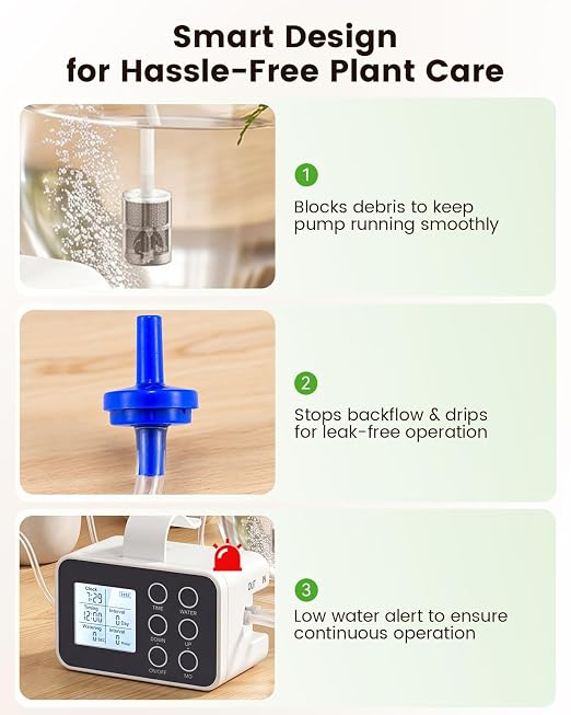 BAOSHISHAN 15 Potted Indoor Plant Watering System, Plug-in & Rechargeable | 30-Day Battery Power, 2 Emitter Types Fit All Plants, Indoor Plant Waterer with Easy Programmable Timer for Vacation Travel