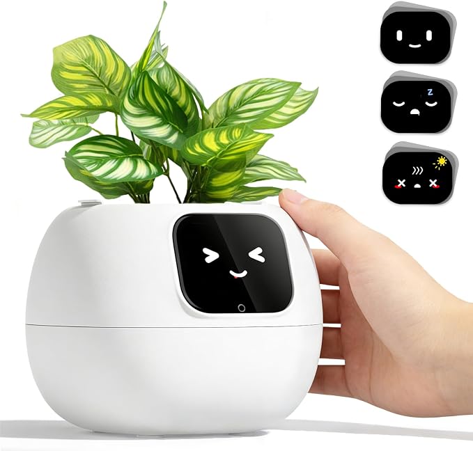 Smart Plant Pot with Emotion Display, Touchscreen & No App Needed, Auto Self-Watering with Alarm Clock & Plant Monitor, Unique Birthday Gift for Women, Plant Lovers & Housewarming