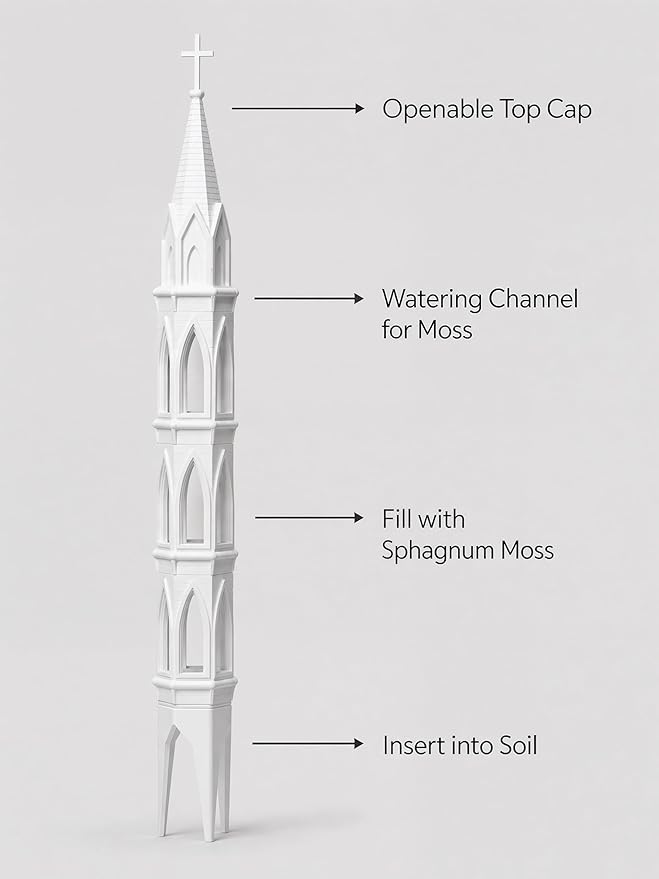 Gothic Tower Self-Watering Moss Pole for Monstera, 3D Printed Stone Texture Plant Support Stake for Climbing Plants, Indoor Plant Trellis for Philodendron, Pothos, Vine Plants (White)