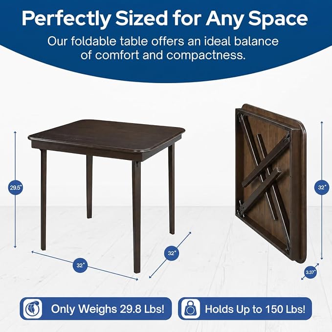 Stakmore Classic Straight Edge Wood Folding Table, 32" x 32" Surface with 3.375” Fold – Espresso Frame Portable Table for Easy Storage in Small Spaces, No Assembly Required