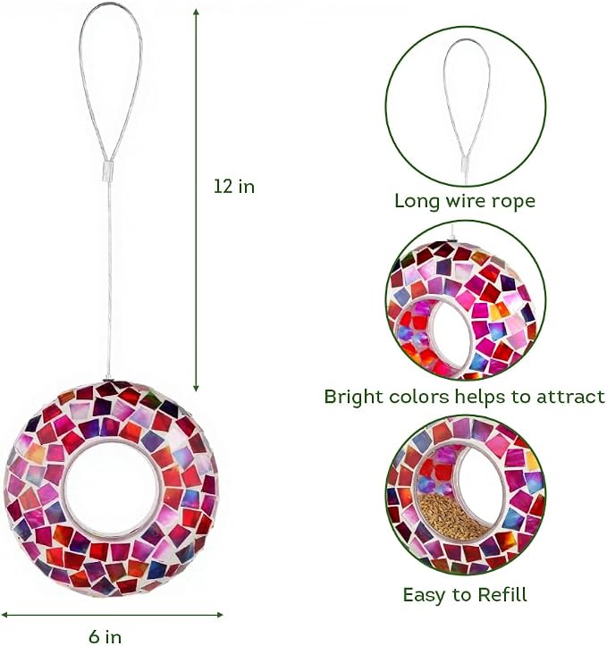 Lily's Home 6 Inches Glass Mosaic Hanging Bird Feeder for Outdoors Fly-Through Large Bird Feeder for Outdoor Garden Decor Backyard, Excellent Gift for Animals Lovers, Purple, Pink and Red