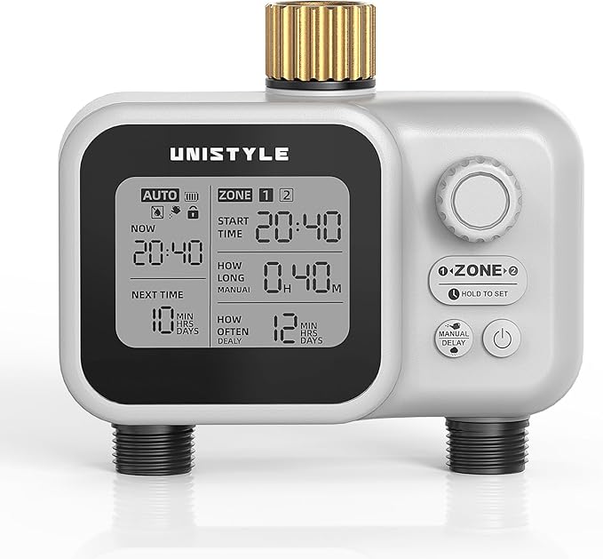 [All-New 2027] 2 Zone Sprinkler Timer with Brass Inlet, Low-Pressure Water Sources, Unistyle Ball Valve Water Timer for Garden Hose, Rain Delay, Manual Control, Automatic Irrigation for Hose Timers