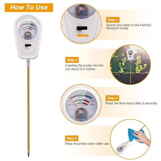 Soil Test Kit 3-in-1, Soil Moisture Meter, Soil PH Meter, Fertility Soil Tester, Soil Tester for Garden, Lawn, Farm, Outdoor & Indoor Use (Milky White)