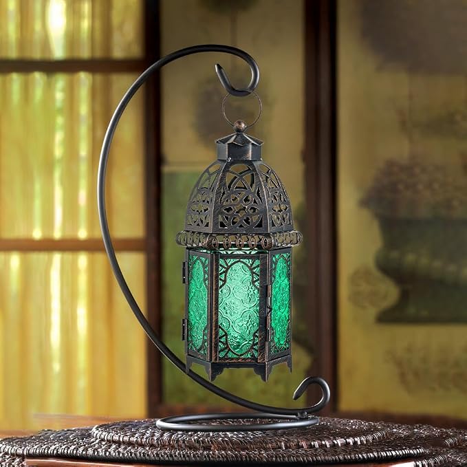 NEEDOMO Hanging Moroccan Lantern, 12.8'' Vintage Candle Holder, Metal Lanterns Decorative Indoor Outdoor, Table, Patio, Porch, Shelf, Gothic Home Decor (Green, Large Size)