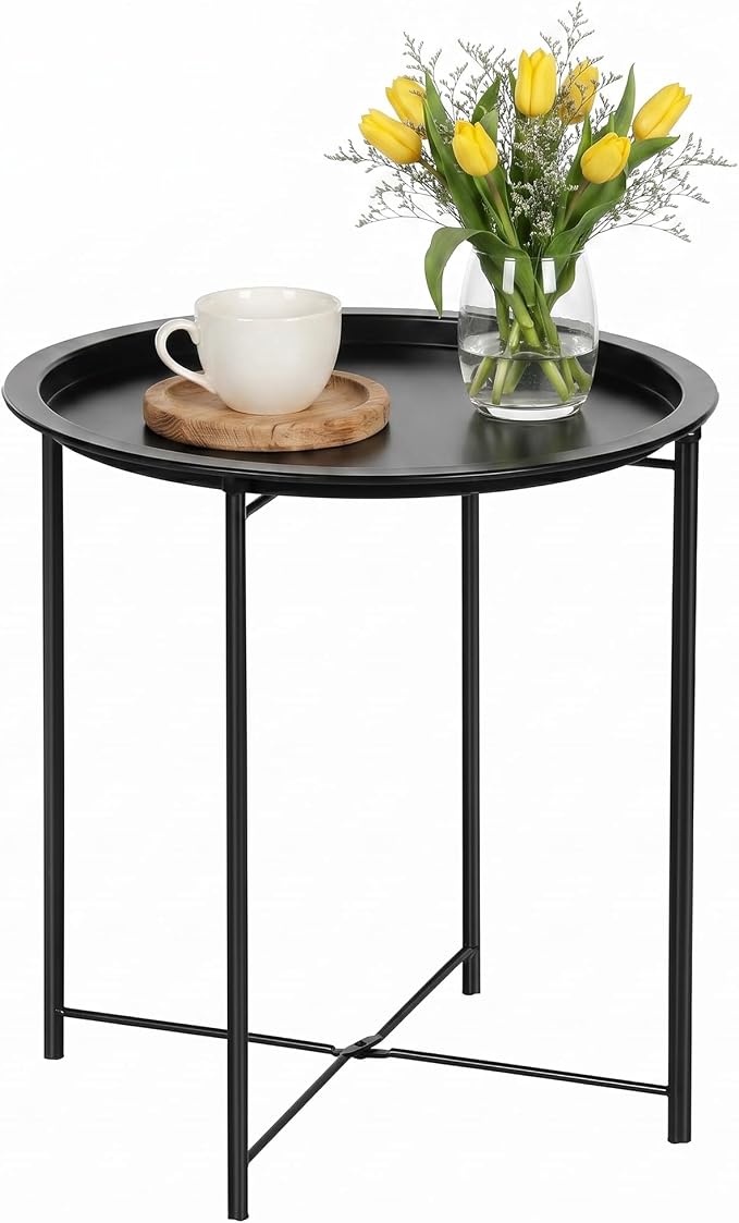 VECELO Side/End Table, Folding Round Metal Anti-Rust and Waterproof Outdoor or Indoor Tray for Living Room Bedroom Balcony and Office, 1 PCS, Black