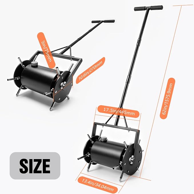Double-Row Rolling Lawn Aerator, Manual Yard core-Removing Tool,Hollow Tine Lawn Aerator,Push-Type Rolling Rotary Aerator for compacted Garden Soil.