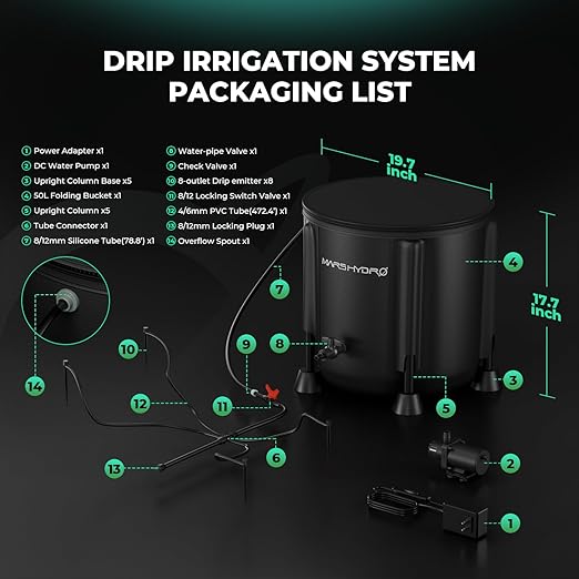 MARS HYDRO Auto Drip Irrigation Kits with 13 Gallon Foldable Bucket, 24W Upgraded Water Pump, 8 Drip Emitters, Garden Watering System for Grow Tent Indoor, Lawn, Greenhouse, Yard