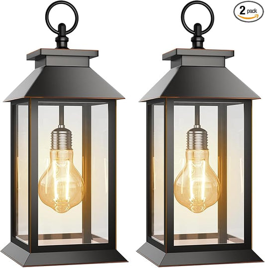 2 Pack Solar Lanterns Outdoor, Hanging Glass Solar Lights Waterproof, Dual Power Solar & 2*AA Battery, for Porch, Patio, Yard and Indoor Table or Mantel