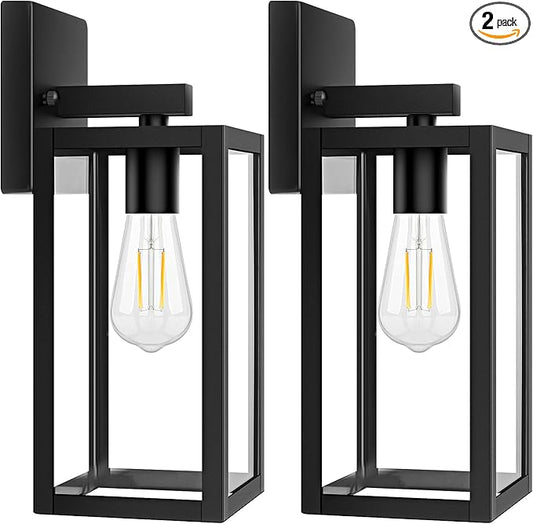 2-Pack Outdoor Light Fixtures Wall Mount, Waterproof Exterior Wall Lanterns with Clear Glass, Anti-Rust Outside Black Wall Sconces, Front Porch Lights for House Garage Doorway, Bulbs Not Included
