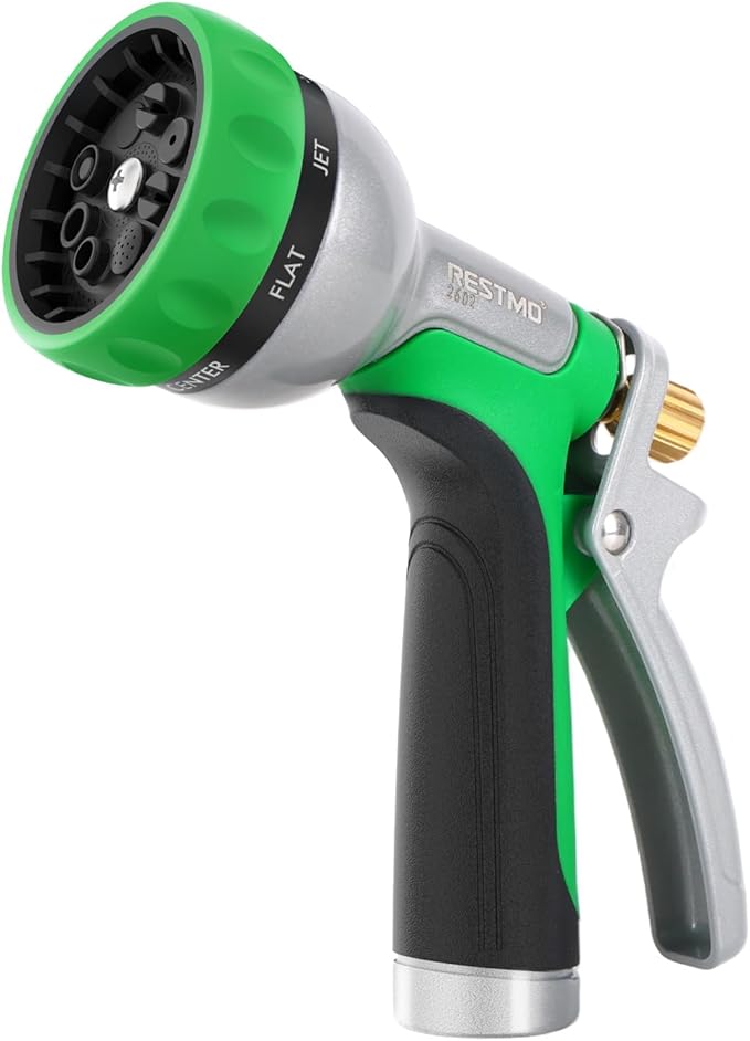 RESTMO Heavy Duty Metal Garden Hose Nozzle, Water Hose Nozzle with 7 Adjustable Spray Patterns, High Pressure Hose Sprayer with with Flow Control, for Plants & Lawns, Washing Cars & Pets, Green