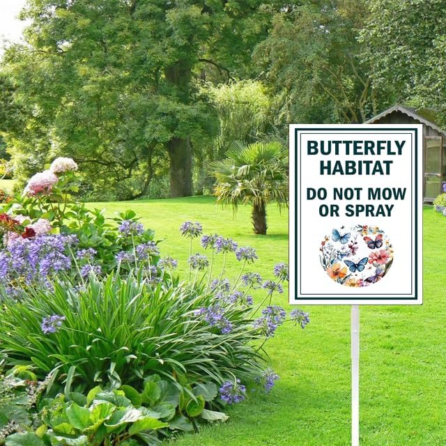 Butterfly habitat Yard Sign With Stake Do Not Mow do not spray Reflective Aluminum Yard Signs Rust Free pollinator habitat Garden Signs (8x12 IN)
