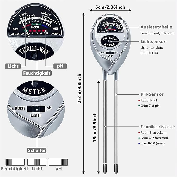 3 in 1 Soil Tester Soil Moisture Fertility pH Tester Soil Test Soil Moisture Meter for Garden Care Lawn Agriculture No Batteries Required