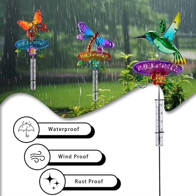 Rain Gauge Outdoor, 3 Pcs Hummingbird & Dragonfly & Butterfly Rain Gauges with 5" Plastic Tube, Decorative Garden Stakes with Welcome Sign for Spring Yard Patio Decor
