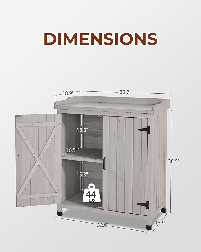 Outdoor Potting Bench with Metal Top, Wooden Garden Storage Cabinet & Tool Shed, Weather-Resistant Workstation for Patio, Backyard, Poolside (Gray)